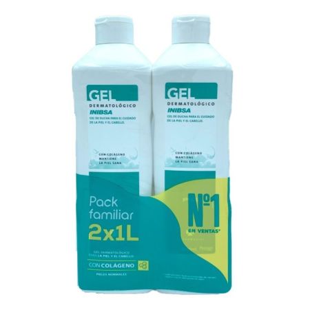 Inibsa Gel Dermatológico Duplo Pack Familiar Gel de ducha dermatológico hidratante piel más suave y lisa con colágeno 2x1000 ml