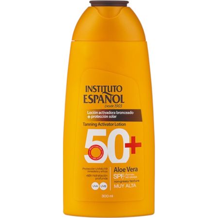 Instituto Español Aloe Vera Loción Activadora Bronceado Spf 50+ Loción solar protección extrema y aceleradora del bronceado calma hidrata y deja la piel suave 300 ml