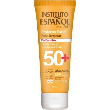 Instituto Español Aloe Vera Piel Sensible Protector Facial Spf 50+ Protector solar facial de textura no grasa resistente al agua y de rápida absorción con aloe vera 75 ml
