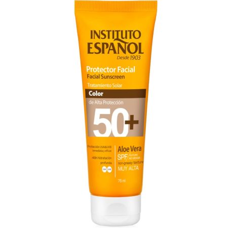 Instituto Español Aloe Vera Protector Facial Con Color Spf 50+ Protector solar facial con color de textura no grasa resistente al agua y de rápida absorción 75 ml