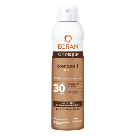 Ecran Sunnique Broncea+ Leche Bruma Protectora Spf 30 Bruma solar activa el bronceado y refuerza las defensas antioxidantes de la piel 250 ml