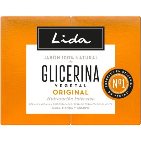 Lida Glicerina Vegetal Original Jabón 100% Natural Duplo Jabón de manos sin sulfatos hidrata y limpia reponiendo de forma natural la pérdida de hidratación 2x125 gr