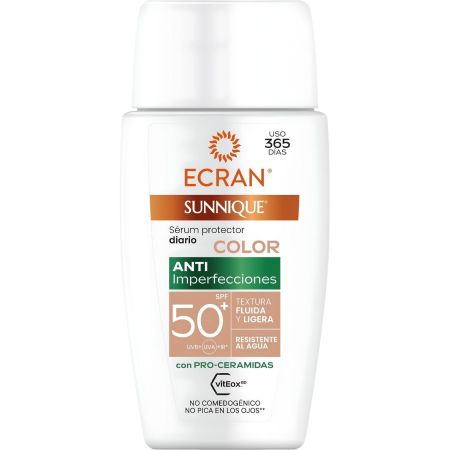 Ecran Sunnique Sérum Protector Diario Anti Imperfecciones Spf 50+ Sérum solar facial con color de textura fluida y ligera resistente al agua corrigue y difumina rojeces 40 ml