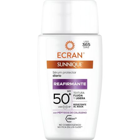Ecran Sunnique Reafirmante Sérum Protector Diario Spf 50+ Sérum solar facial de textura fluida resistente al agua refueza las defensas antioxidantes 40 ml