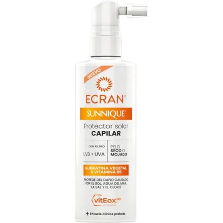 Ecran Sunnique Protector Solar Capilar Protector solar capilar previene sequedad y pérdida de color para un cabello saludable con vitamina b5 y queratina vegetal 100 ml