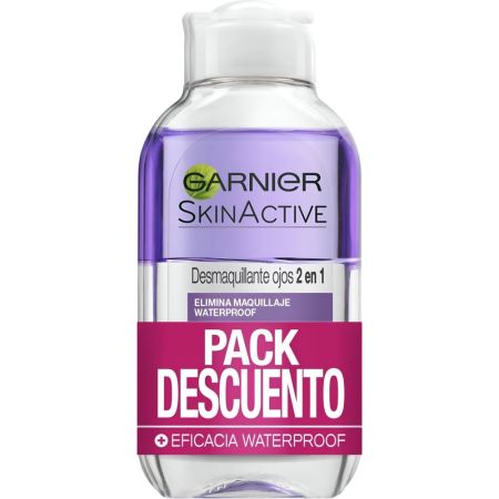 Garnier Skin Active Desmaquillante 2 En 1 Duplo Pack Descuento Desmaquillante de ojos bifásico elimina de forma suave incluso maquillaje waterproof fortaleciendo las pestañas  2x125 ml