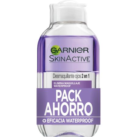 Garnier Skin Active Desmaquillante 2 En 1 Duplo Pack Ahorro Desmaquillante de ojos bifásico elimina de forma suave incluso maquillaje waterproof fortaleciendo las pestañas  2x125 ml