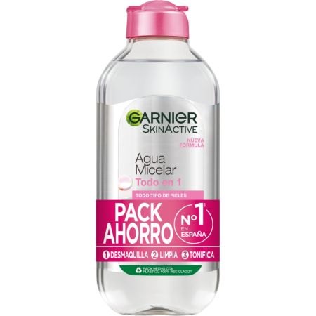 Garnier Skin Active Agua Micelar Todo En 1 Duplo Pack Ahorro Agua micelar sin perfume para rostro labios y ojos desmaquilla limpia tonificando la piel 2x400 ml