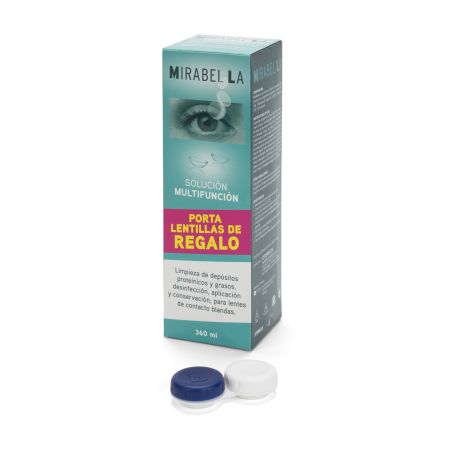 Mirabellas Solución Multifunción + Porta Lentillas Solución líquida de lentillas ideal para su aplicación y conservación 360 ml