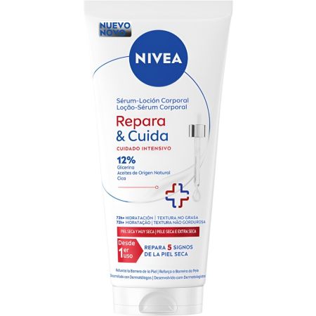 Nivea Repara & Cuida Sérum-Loción Corporal Sérum corporal de rápida absorción alivia la piel ofreciendo hasta 72 horas de hidratación reforzando la barrera 200 ml