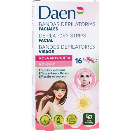Daen Bandas Depilatorias A La Cera Fría Faciales Bandas depilatorias de cera fría acabado eficaz y duradero con rosa mosqueta 16 uds