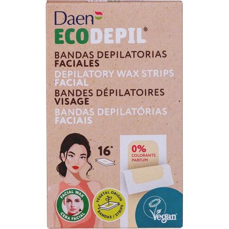 Daen Ecodepil Bandas Depilatorias A La Cera Fría Faciales Bandas depilatorias veganas de cera fría acabado eficaz cómodo y de larga duración 16 uds