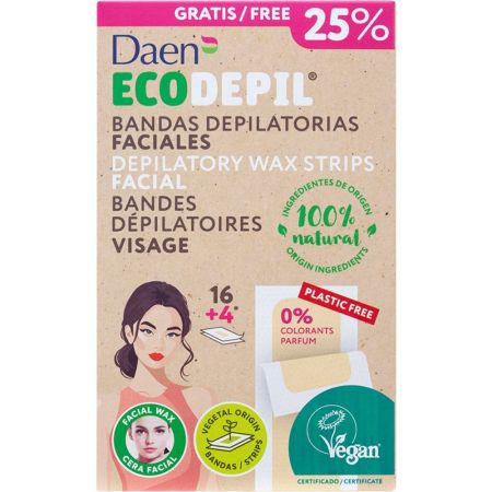 Daen Ecodepil Faciales Bandas Depilatorias Formato Especial Bandas depilatorias veganas de cera fría acabado eficaz cómodo y de larga duración 20 uds