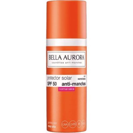 Bella Aurora Protector Solar Anti-Manchas Spf 50+ Piel Normal-Seca Fluido solar hidratante y antimanchas de textura ligera unifica el tono y calma para acabado mate 50 ml