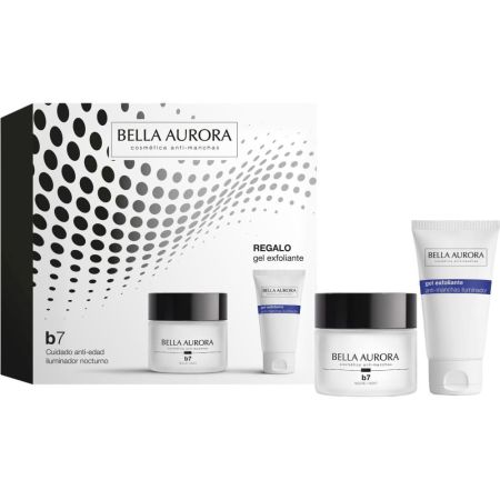 Bella Aurora B7 Anti-Manchas Tratamiento Noche+Gel Exfoliante Regalo Pack regalo limpiador antimanchas antiedad e iluminador para un aspecto más uniforme