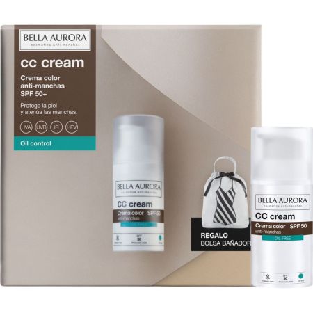 Bella Aurora Cc Cream Crema Color Oil Free Spf 50+ Bolsa Gratis Pack regalo solar facial con color hidratante antimanchas purifica regula y matifica sin aceites
