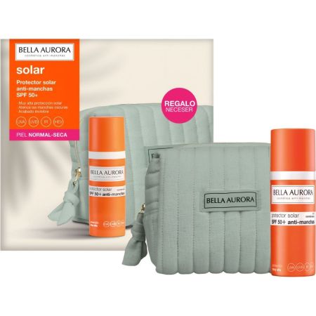 Bella Aurora Protector Solar Anti-Manchas Spf 50+ Piel Seca+Neceser Fluido solar hidratante y antimanchas de textura ligera unifica el tono y calma para acabado mate 50 ml