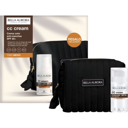 Bella Aurora Cc Cream Toque De Color Medio Anti-Manchas Spf 50+ + Neceser Crema hidratante con color antimanchas ofrece una piel uniforme y sin imperfecciones 30 ml