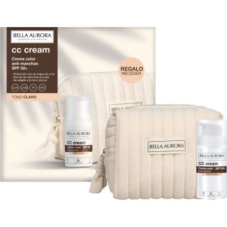 Bella Aurora Cc Cream Toque De Color Claro Anti-Manchas Spf 50+ + Neceser Crema hidratante con color antimanchas ofrece una piel uniforme y sin imperfecciones 30 ml