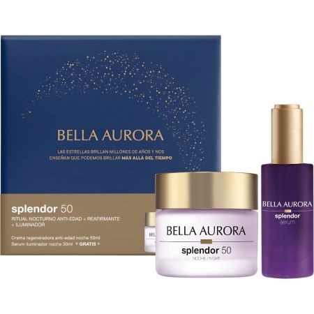 Bella Aurora Splendor 50 Noche Crema+Splendor Noche Serum Gratis Pack regalo de noche intensivo reafirmante e iluminador para pieles maduras ofrece aspecto más joven y radiante