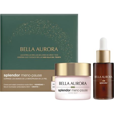 Bella Aurora Splendor Meno-Pause Noche Crema+Splendor Serum Gratis Pack regalo antiedad iluminador corrige los signos de la menopausia en la piel para un aspecto más radiante