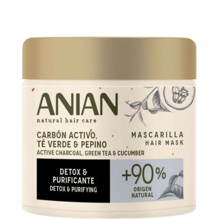 Anian Natural Hair Care Carbón Activo Té Verde & Pepino Mascarilla Mascarilla purificante desintoxica limpia en profundidad y atrapa impurezas para cabello graso 350 ml