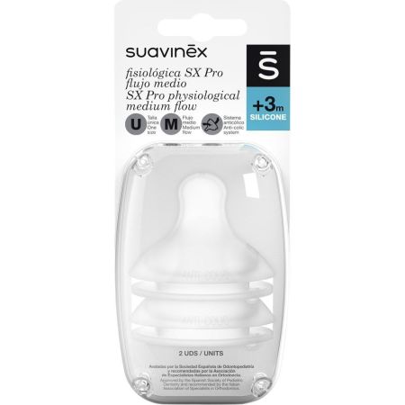 Suavinex Tetina Fisiológica Sx Pro Flujo Medio +3m Silicone Tetina fisiológica de flujo medio que deja pasar todo tipo de líquidos de densidad media 2 uds