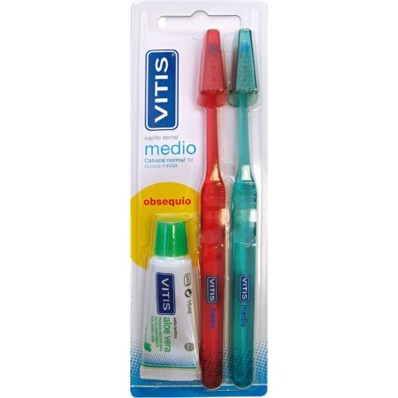 Vitis Medio Cepillo Dental + Pasta De Dientes Cepillo de dientes cabezal normal de dureza media 2 uds
