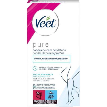 Veet Pure Bandas De Cera Depilatoria Corporal Bandas de cera fría hipoalergénicas eliminan el vello desde la raíz piel suave hasta 28 días