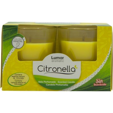 Lumar Aromatic Citronella Vela Perfumada Vela de cera vegetal antimosquitos perfecta para disfrutar en espacios como jardines y terrazas con aroma refrescante 2x75 gr