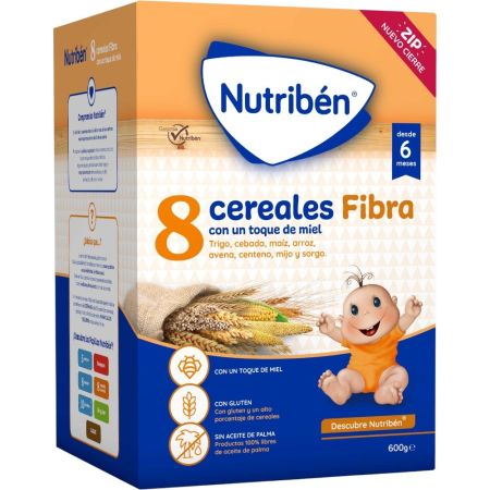 Nutriben Papilla 8 Cereales Fibra Con Un Toque De Miel Papilla instantánea en polvo evita la sobrealimentación del bebé desde los 6 meses 600 gr