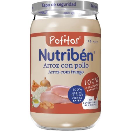 Nutriben Potitos Arroz Con Pollo Tarrito sin almidones 100% aceite de oliva sin sal ni azúcares añadidos a partir de 6 meses 235 gr
