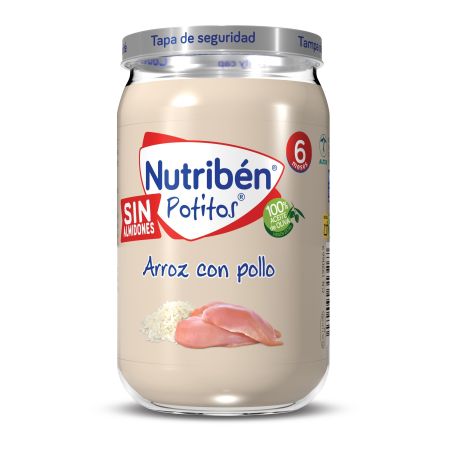 Nutriben Potitos Arroz Con Pollo Tarrito sin almidones 100% aceite de oliva sin sal ni azúcares añadidos a partir de 6 meses 235 gr