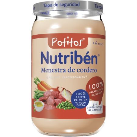 Nutriben Potitos Menestra De Cordero Tarrito sin almidones 100% aceite de oliva sin sal ni azúcares añadidos a partir de 6 meses 235 gr