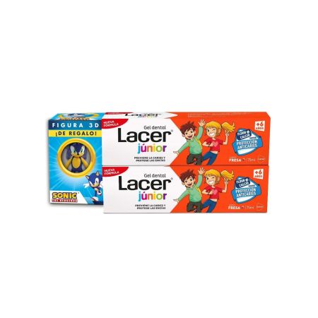 Lacer Júnior +6 Años Fresa Gel Dental Duplo+Figura 3d Sonic Gratis Pack regalo infantil para cuidado dental sabor fresa