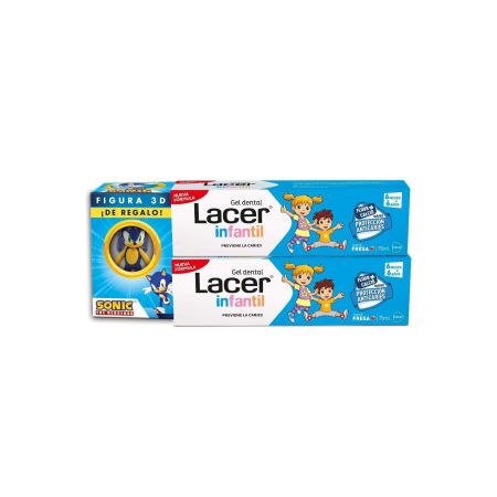 Lacer Infantil Fresa Gel Gental Duplo+Figura 3d Sonic Gratis Pack regalo infantil para cuidado dental sabor fresa
