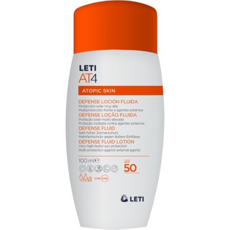 Leti At4 Atopic Skin Defense Loción Fluida Spf 50 Loción solar facial hidratante resistente al sudor protege de las agresiones diarias y refuerza las defensas de la piel 100 ml