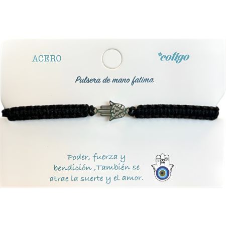 Marvimundo Pulsera Negra De Mano De Fátima Pulsera de hilo trenzado y acero inoxidable simboliza protección fuerza bendición buena suerte y amor