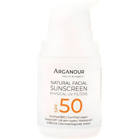 Arganour Natural Facial Sunscreen Physical Uv Filters Spf 50 Protector solar facial 100% natural hidrata y ofrece una alta protección 50 ml