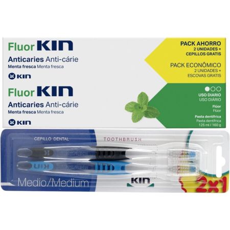 Kin Fluor Pasta Dentífrica Duplo + Cepillo Dental Medio Pack Pasta de dientes anticaries con sabor menta fresca 2x125 ml