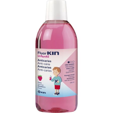 Kin Fluor Infantil Enjuague Bucal Colutorio infantil previene la aparición de caries sabor fresa 500 ml
