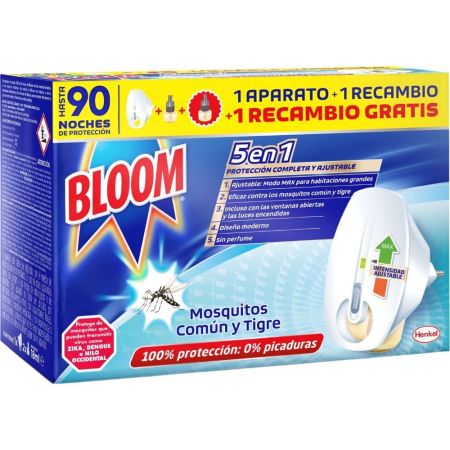 Bloom Insecticida Mosquitos Común Y Trigre 5en1 Formato Especial Insecticida eléctrico antipicaduras 100% de protección 1 aparato + 2 recambios