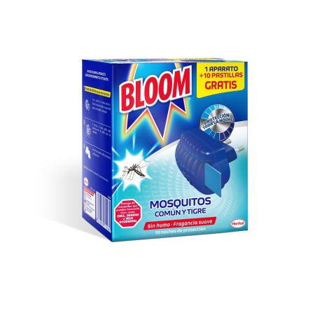 Bloom Insecticida Mosquitos Común Y Tigre Formato Especial Insecticida eléctrico antipicaduras sin humo con fragancia suave 1 aparato + 10 pastillas