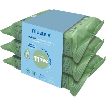 Mustela Toallitas Trío Pack Ahorro Toallitas con aguacate bio biodegradables y compostables 3x60 uds