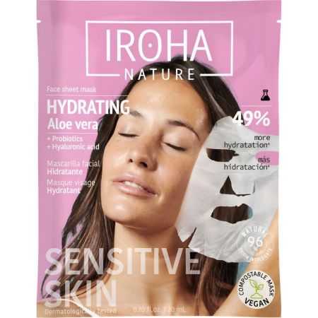 Iroha Nature Sensitive Skin Hydrating Aloe Vera Mascarilla Facial Mascarilla facial vegana hidratación y renovación al instante con aloe vera y ácido hialurónico