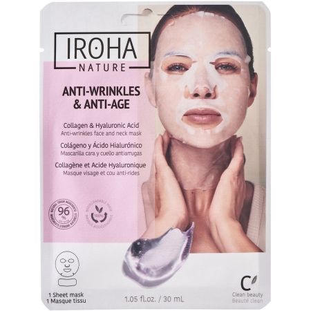 Iroha Nature Anti-Wrinkles & Anti-Ages Mascarilla Facial Mascarilla facial vegana antiarrugas y antiedad para cara y cuello con colágeno y ácido hialurónico