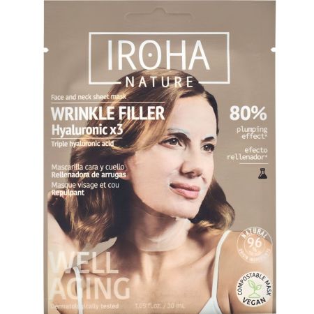 Iroha Nature Wrinkle Filler Hyaluronic X3 Mascarilla Cara Y Cuello Mascarilla facial vegana antiedad rellenadora para rostro y cuello con triple ácido hialurónico