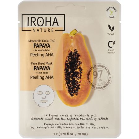 Iroha Nature Papaya Mascarilla Facial Tisú Mascarilla facial vegana exfolia y revitaliza con papaya y ácidos frutales
