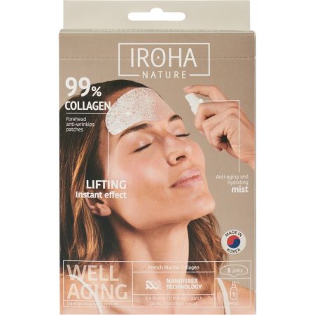 Iroha Nature 99% Collagen Forehead Anti-Wrinkles Patches+Mist Set Parches para frente con bruma activadora reduce arrugas mejora la firmeza y ofrece efecto lifting inmediato 3 uds