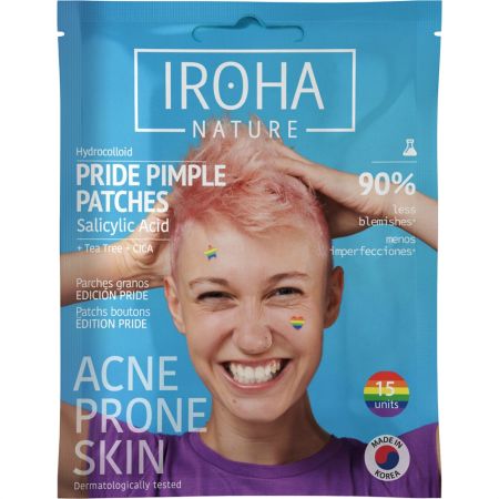 Iroha Nature Acne-Prone Skin Pride Pimple Parches Granos Edición Limitada Parches para granos veganos eliminan protegen y cicatrizan los granos absorbiendo exceso de sebo y grasa 15 uds
